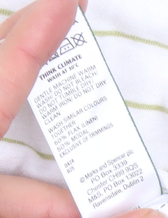 Marks and Spencer Women’s White Striped Collared Polo Top Size 10 Linen Blend