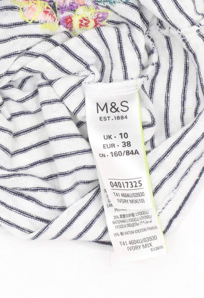 Marks and Spencer Women’s Ivory Floral Embroidered Striped T-Shirt Size 10