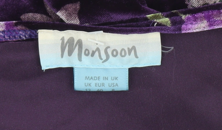 Monsoon Women's Purple Floral Velvet Short Sleeve Top UK 12
