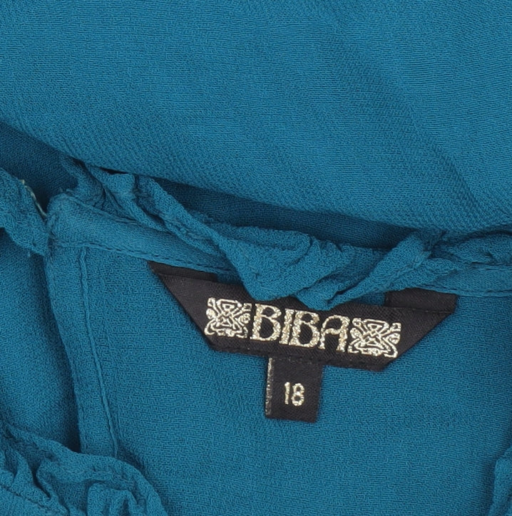 Biba Womens Blue Embroidered Ruffle Long Sleeve Tunic Blouse Size 18