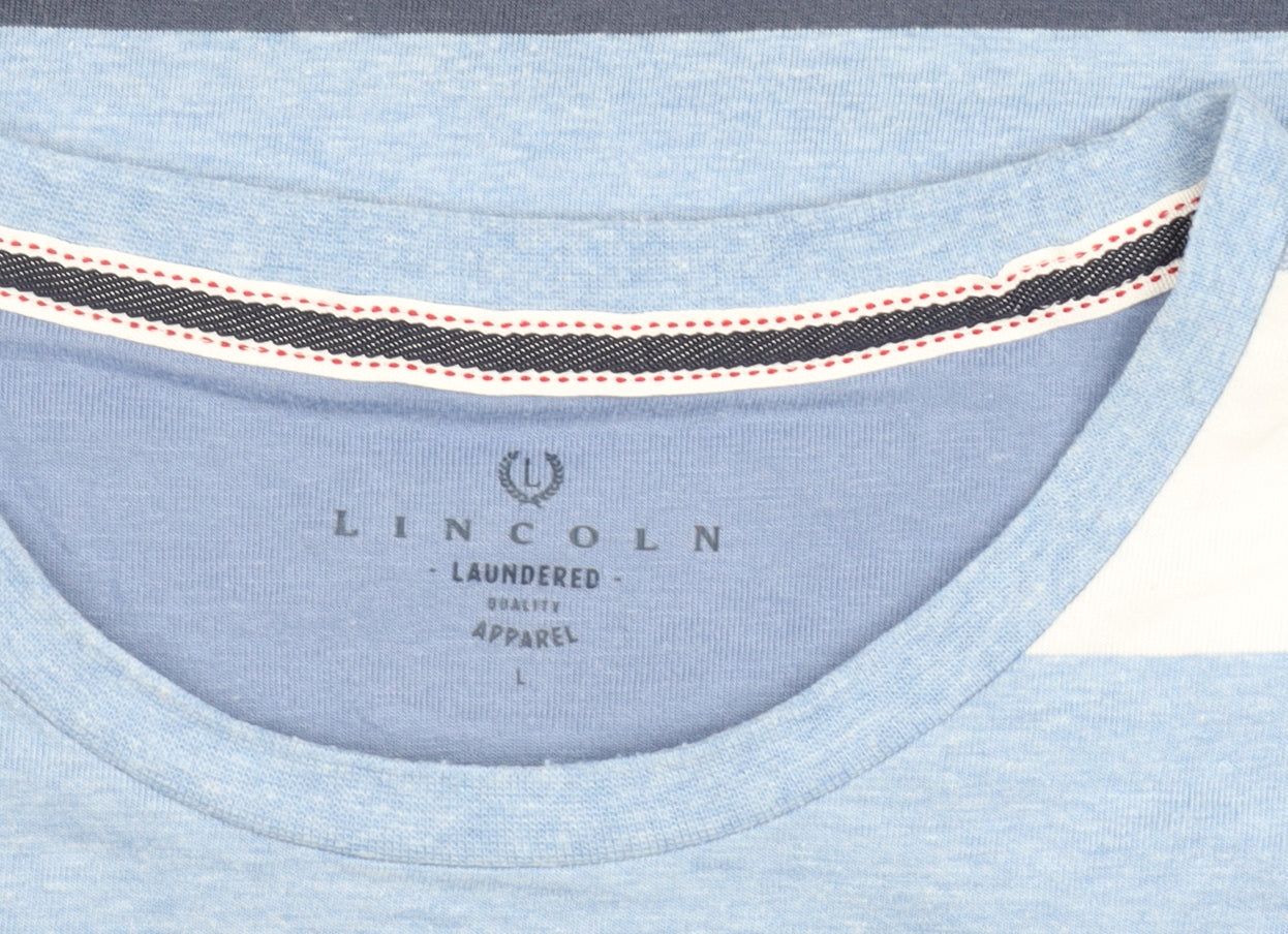 Lincoln Men's Blue Striped Cotton Blend Crew Neck T-Shirt Large