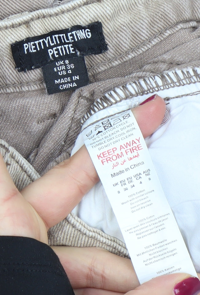 PrettyLittleThing Petite Beige Distressed Cargo Wide-Leg Jeans UK 8