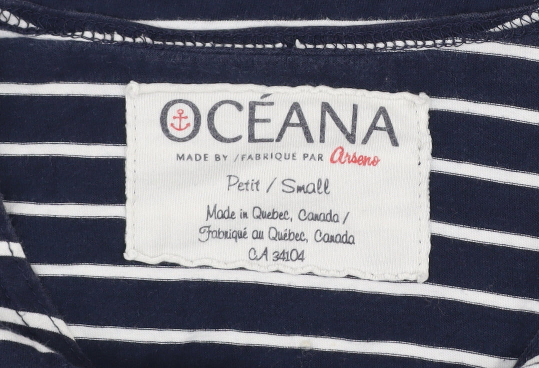 Oceana Women Blue Striped 3/4 Sleeve Boat Neck Cotton Top Small