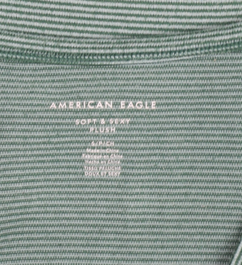 American Eagle Women's Green Striped Soft & Sexy V-Neck T-Shirt Size S