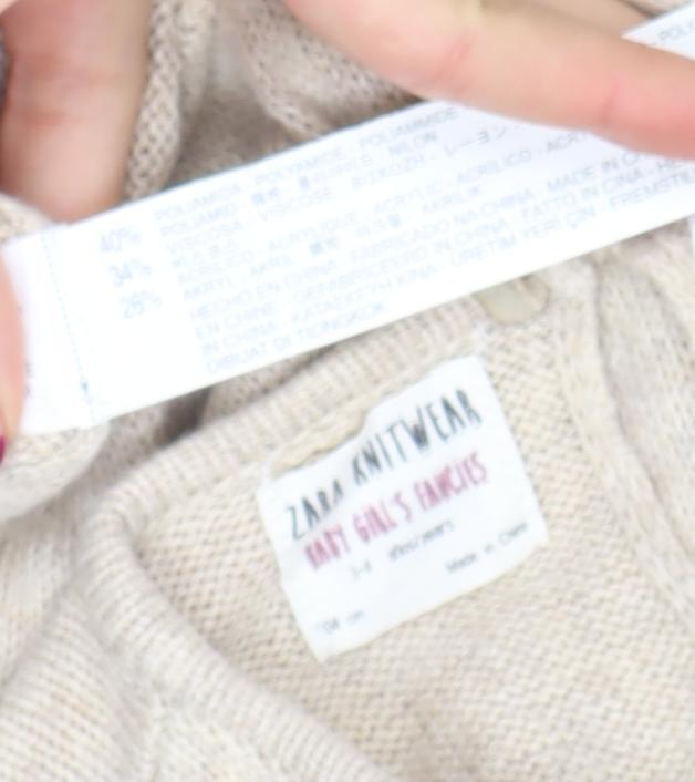 Zara Girls Beige Knit A-Line Bow Dress 3-4 Years Short Sleeve