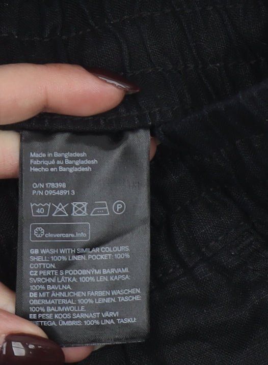 H&M Women’s Black Linen Cropped Trousers M Elastic Waist Casual Summer