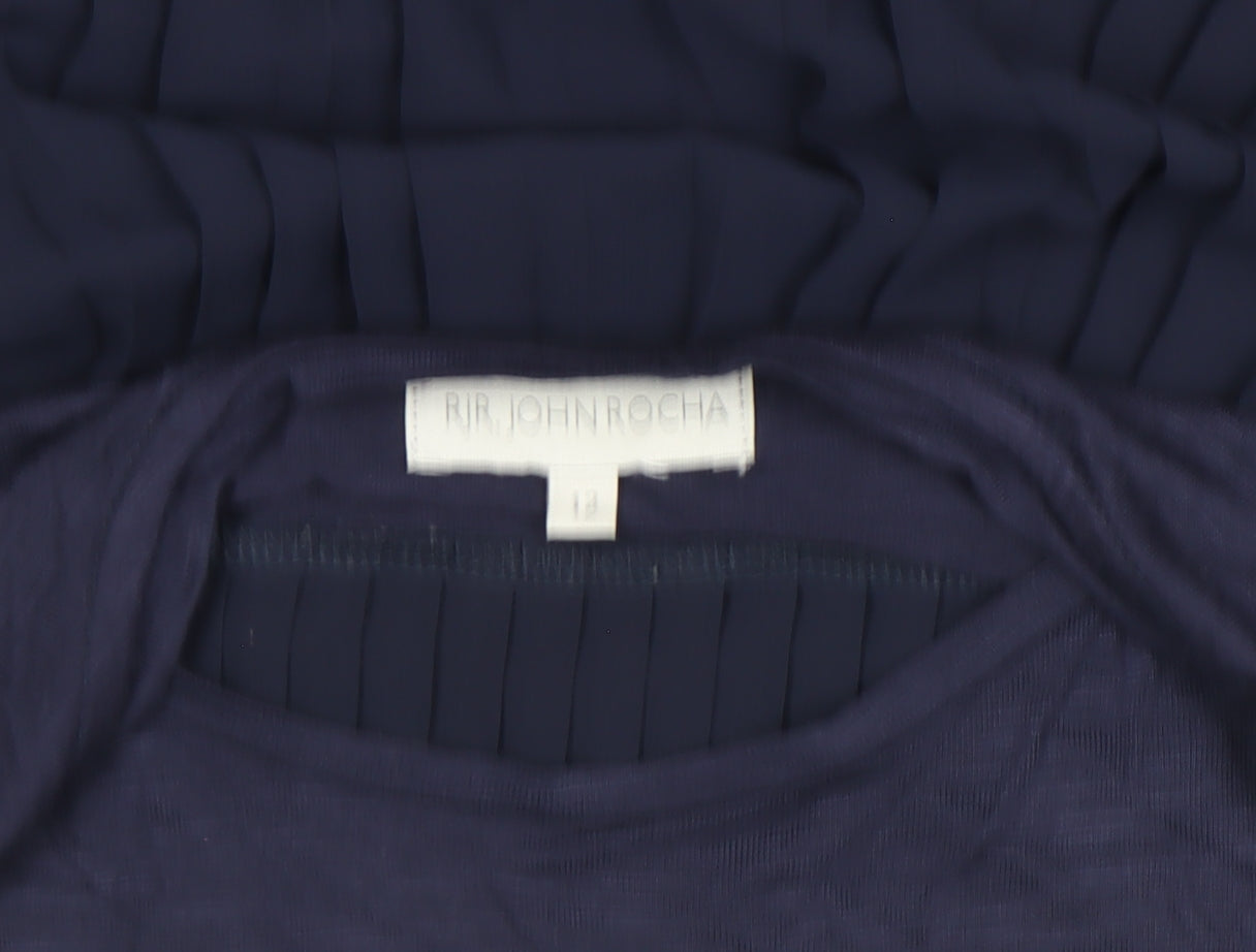 RJR John Rocha Women's Navy Blue Pleated Hem Short Sleeve Blouse Size 12