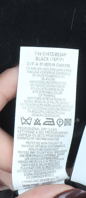 Marks and Spencer Womens Black Wool Pea Coat Size 16 Petite