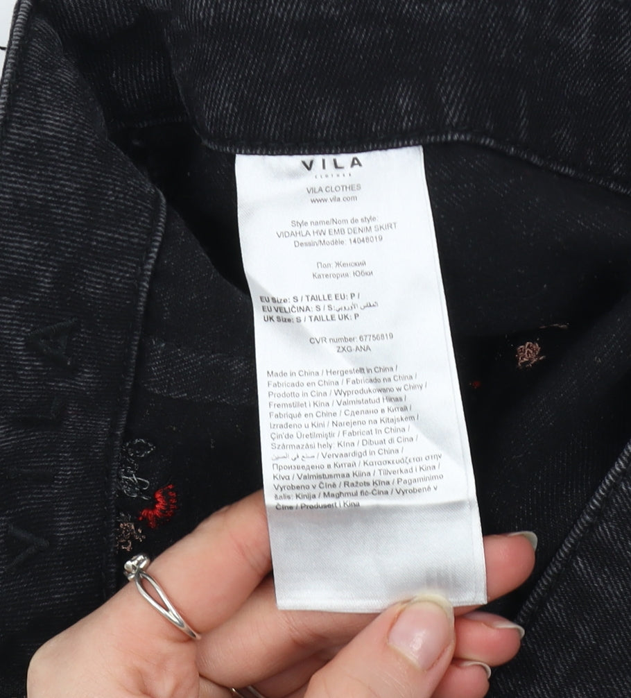 Vila Women's Black Embroidered Denim Pencil Skirt Size S