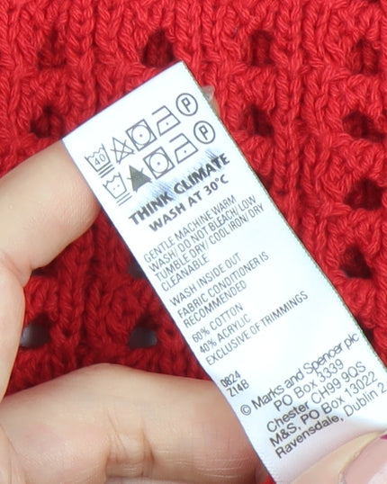 Marks and Spencer Women Red V-Neck Open-Knit Cotton Jumper M