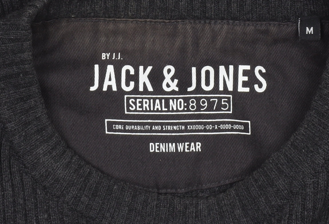 Jack & Jones Mens Black Crew Neck Ribbed Knit Jumper Size M