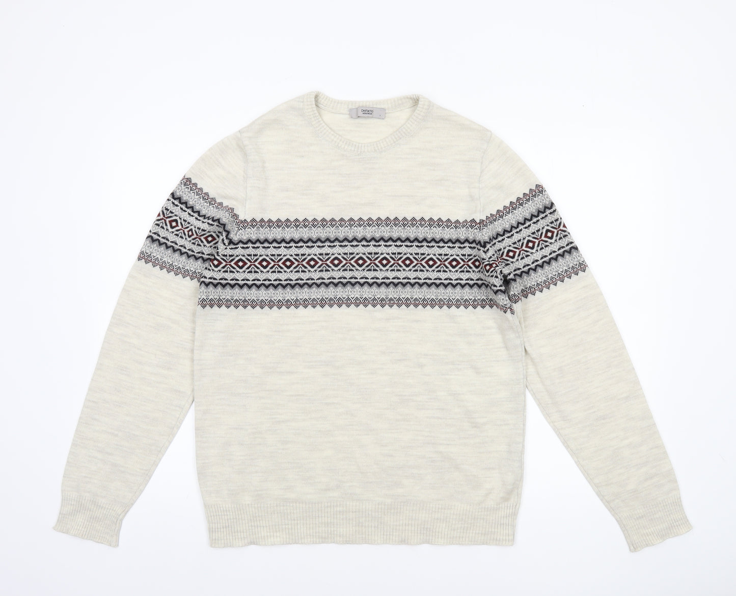 DeFacto Mens Beige Fair Isle Knit Jumper L Crew Neck Sweater