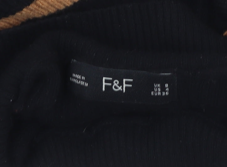 F&F Women’s Black & Tan Striped Mock Neck Ruffle Jumper Size 8