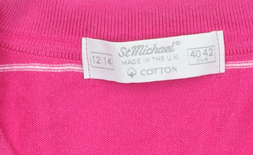 Marks and Spencer Women Pink Striped Cotton Collared Short Sleeve Jumper Size 12-14