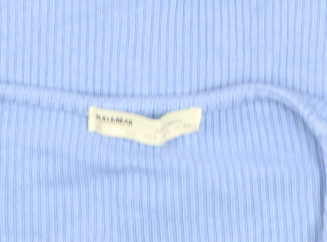 Pull & Bear Women's Blue Cropped V-Neck Ribbed T-Shirt Size L