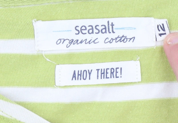 Seasalt Women’s Green White Striped Boat Neck 3/4 Sleeve Cotton Top Size 12