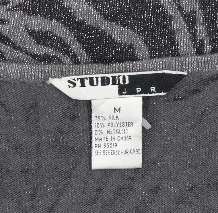 Studio JPR Women's Grey Metallic Animal Print Silk Blend Long Sleeve Top M
