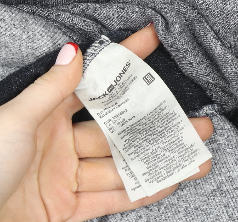 Jack & Jones Mens Grey Pullover Hoodie M Graphic Logo Hooded Sweatshirt