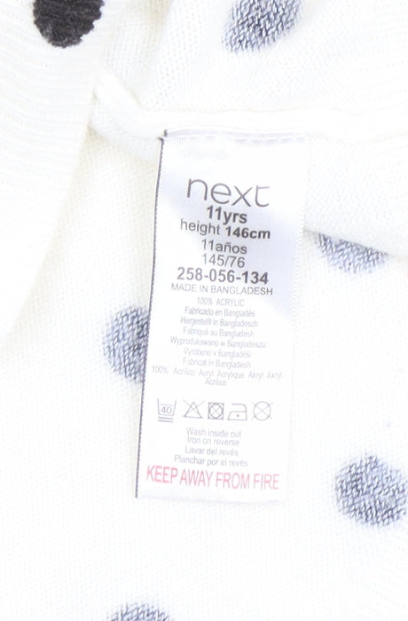Next Girls Ivory Black Polka Dot Acrylic Jumper 11 Years Long Sleeve Crew Neck