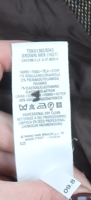 Marks & Spencer Women’s Brown Herringbone Wool Blazer UK 16 Classic Mid-Length Jacket