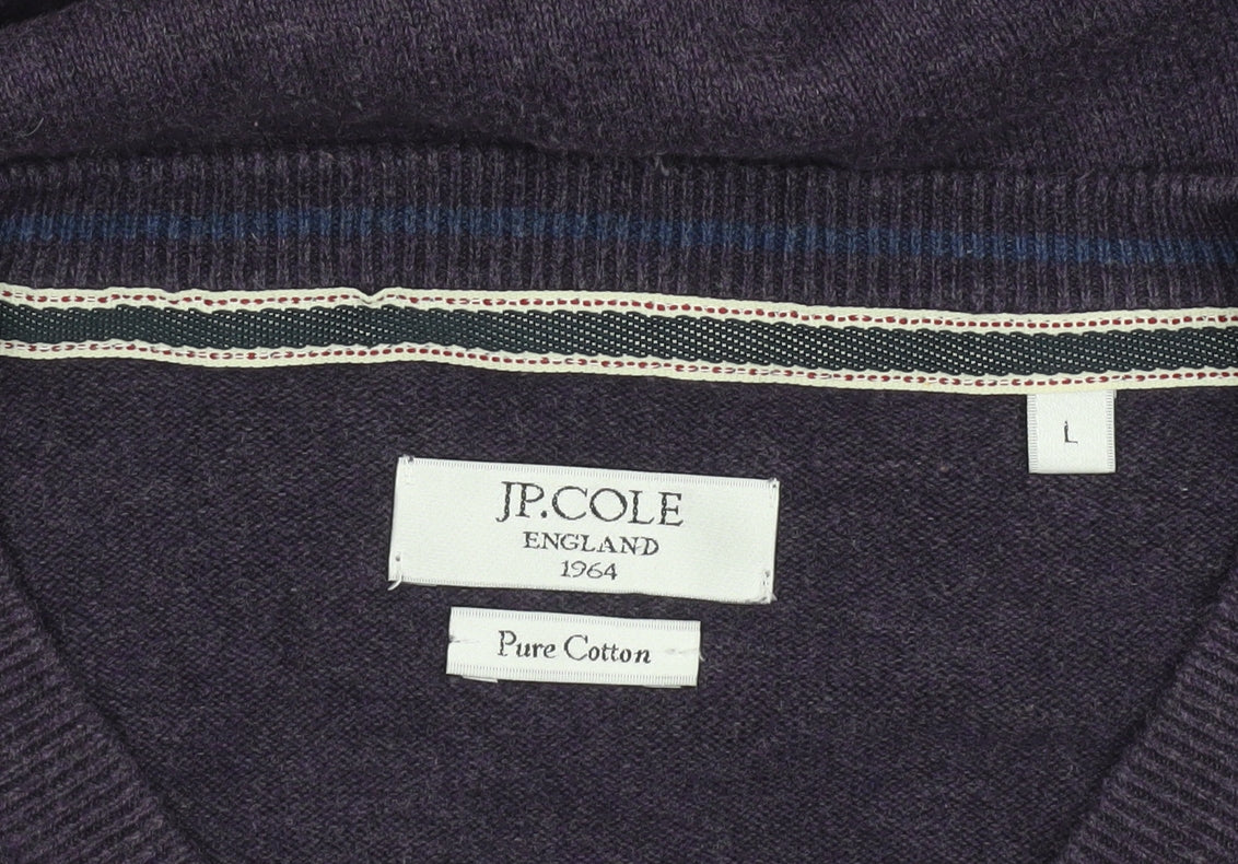 JP Cole Men's Purple V-Neck Cotton Jumper Size L Classic Knit