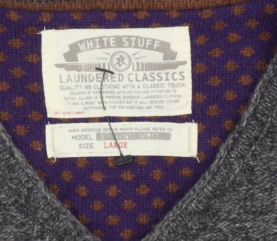 White Stuff Men's Grey Lambswool V-Neck Jumper Size L