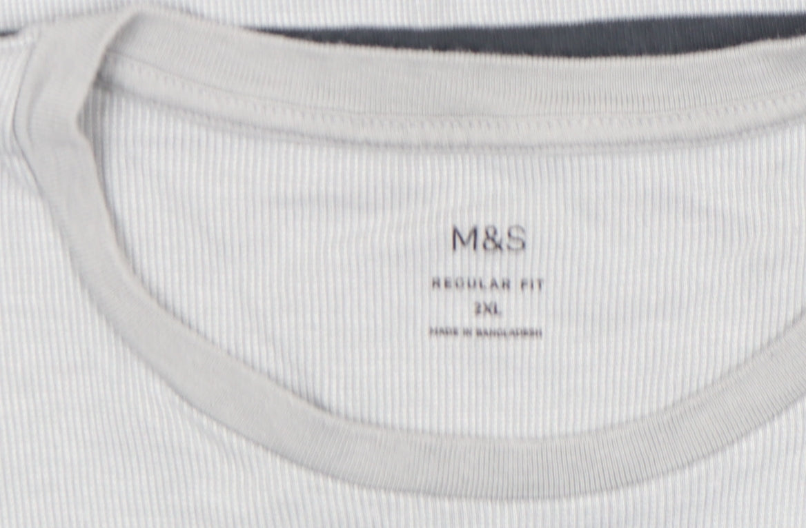 Marks and Spencer Men's Grey Striped Cotton Crew Neck T-Shirt 2XL Regular Fit