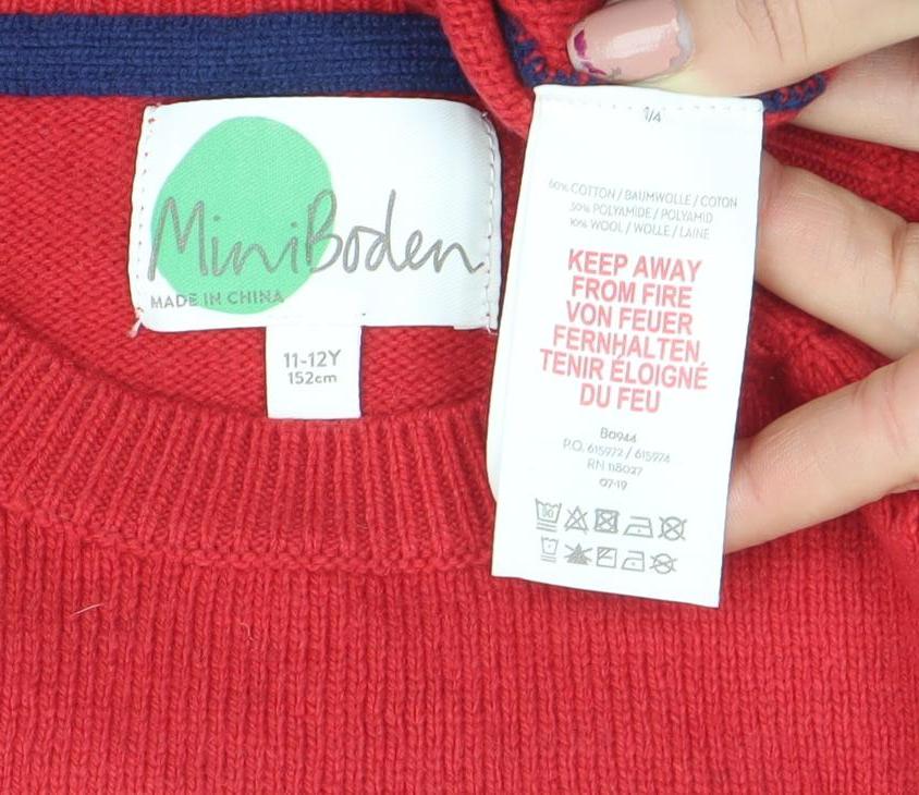 Mini Boden Boys Red Cotton Wool Car Jumper 11-12 Years Crew Neck Knit