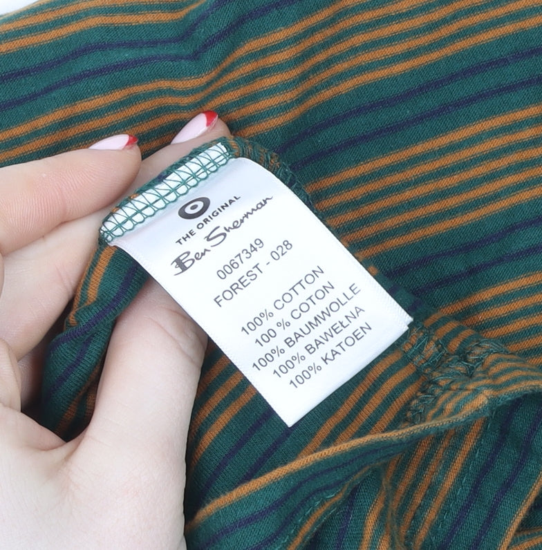 Ben Sherman Men's Green & Brown Striped Cotton T-Shirt XL