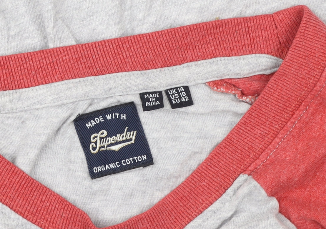 Superdry Women Grey Red Long Sleeve Raglan Sweatshirt UK14 Cotton