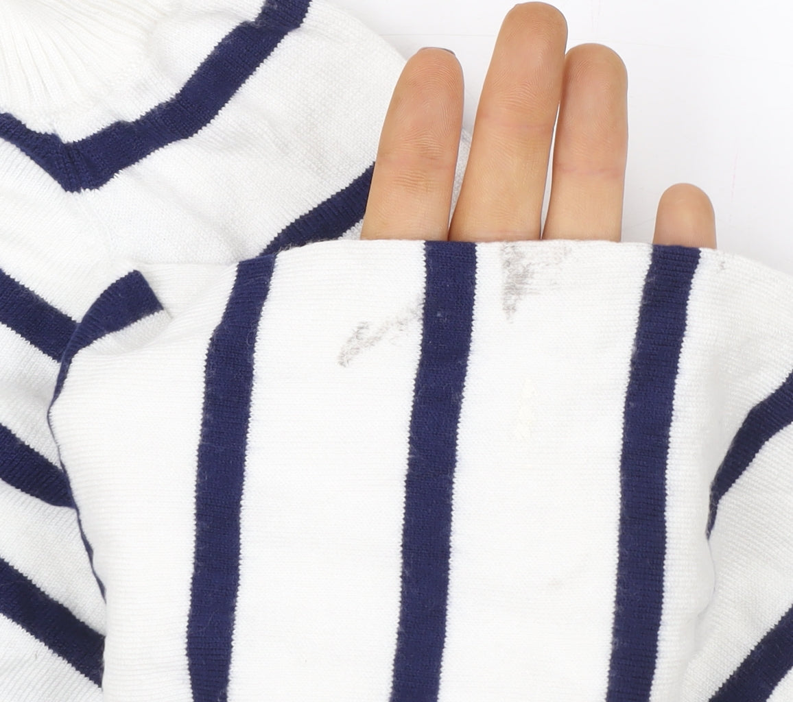 French Connection Women White Blue Striped Pullover Sweatshirt M