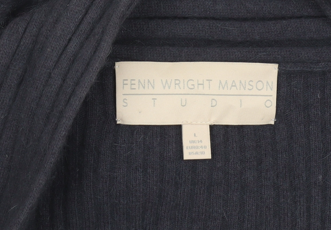 Fenn Wright Manson Women Black L Open Front Rib Knit Angora Cardigan