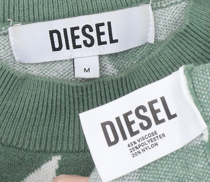 Diesel Women's Green Geometric Knit Crew Neck Jumper Medium