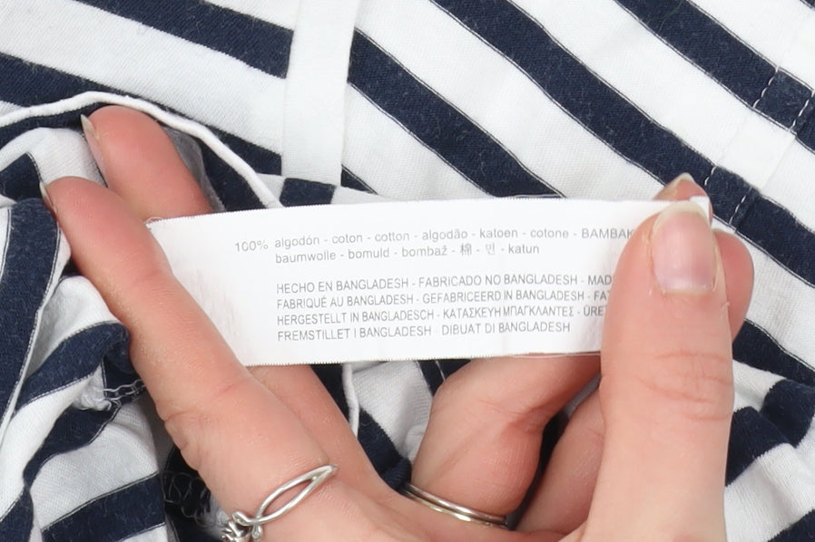 Zara Women Blue Striped V-Neck Cotton T-Shirt Size 12