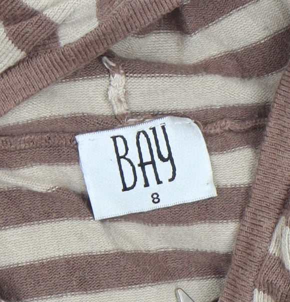 BAY Womens Brown Striped Hooded Full Zip Knit Jumper Size 8