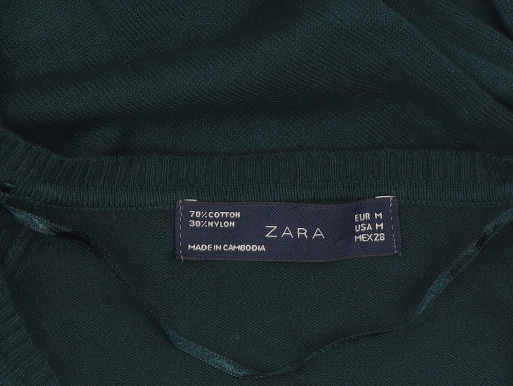 ZARA Women's Green V-Neck Cotton Knit Jumper Size 12