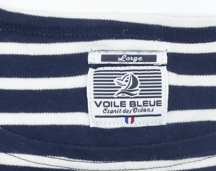 Voile Bleue Women's Blue White Striped Long Sleeve Nautical Cotton Top Size L