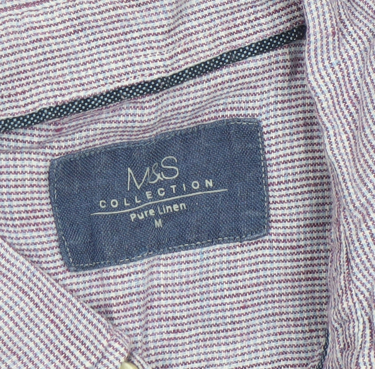 Marks and Spencer Men's Purple Linen Short Sleeve Button-Up Shirt M