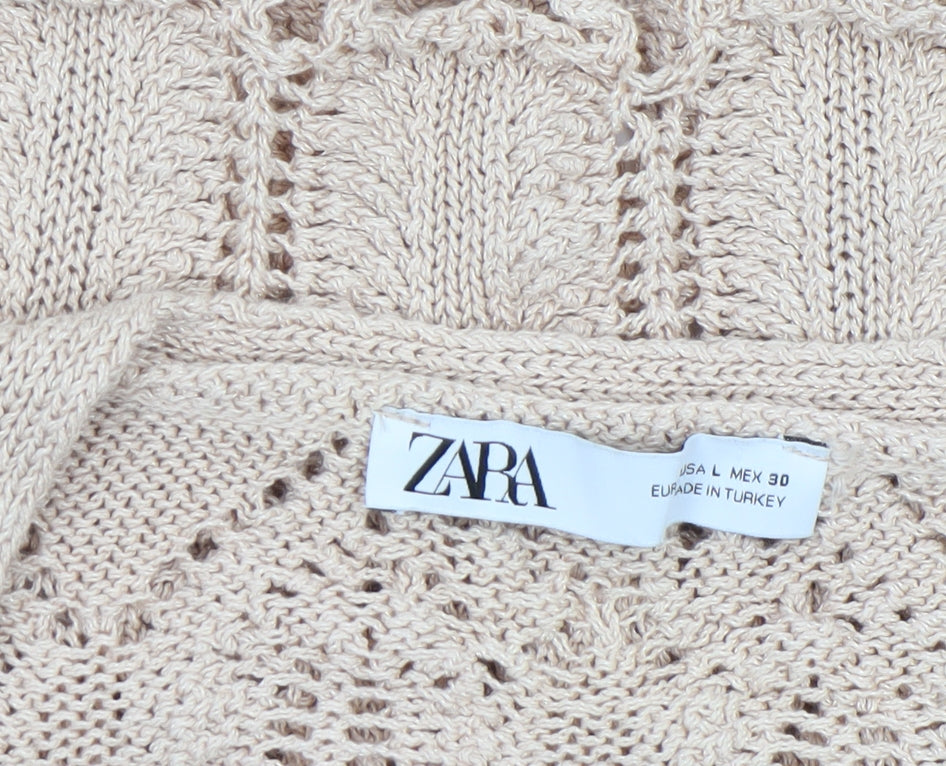ZARA Women Beige Open-Knit Cropped Pullover Jumper Size L