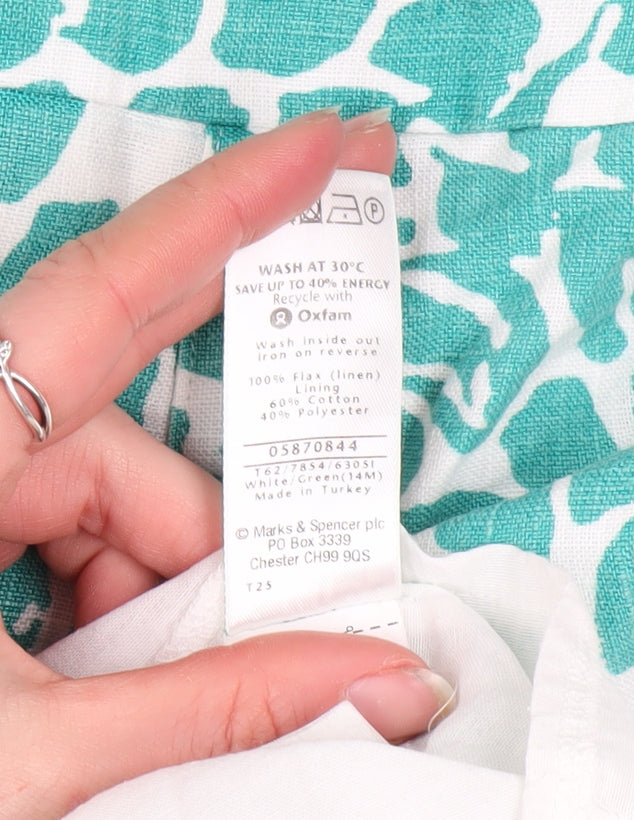 Marks and Spencer Per Una Green Floral Linen Sleeveless A-Line Dress Women’s Size 14