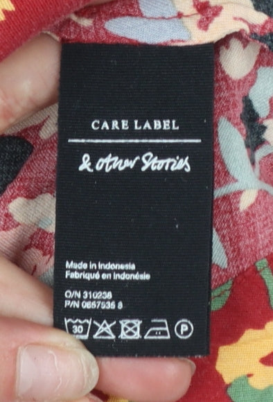 & Other Stories Women Red Floral Midi Dress Size 10 Lyocell Blend Long Sleeve