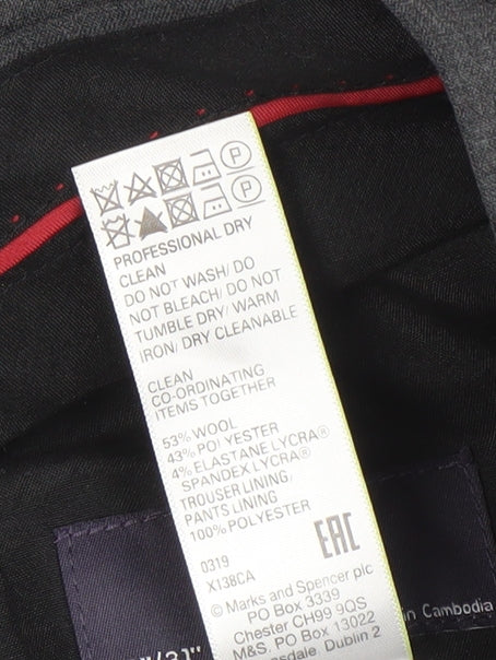 Marks and Spencer Men’s Grey Wool Blend Regular Fit Dress Trousers 38x31