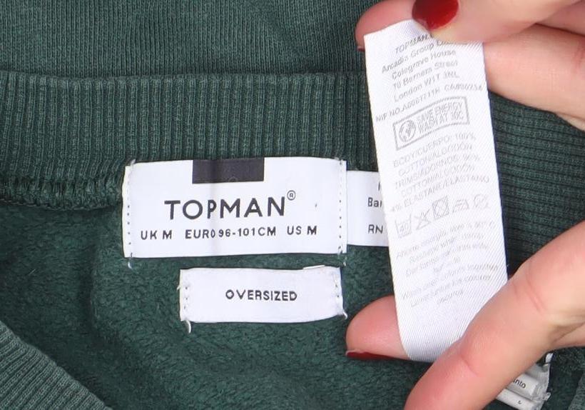 Topman Men’s Green Oversized Crew Neck Cotton Sweatshirt M