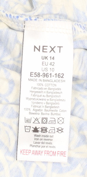 Next Women Blue Floral Cotton V-Neck Tunic Blouse UK 14