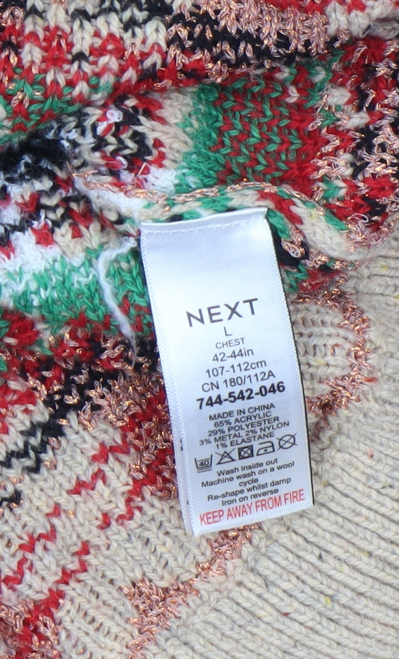 Next Men Beige Christmas Fair Isle Jumper L Crew Neck Knit