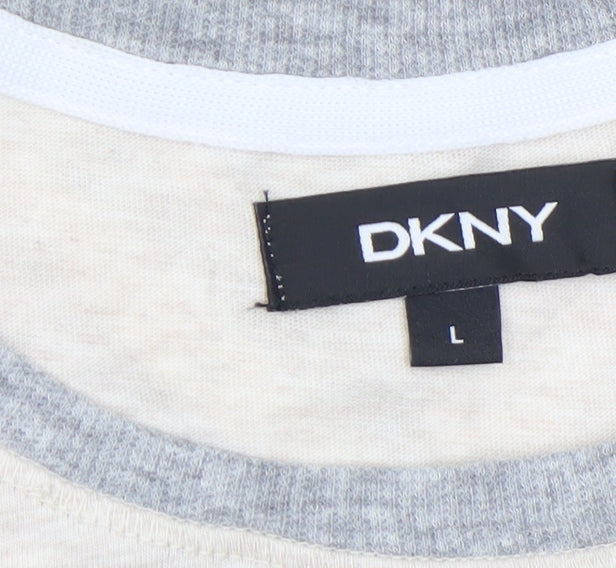 DKNY Women’s Beige Grey Trim Logo Short Sleeve Relaxed Fit T-Shirt L