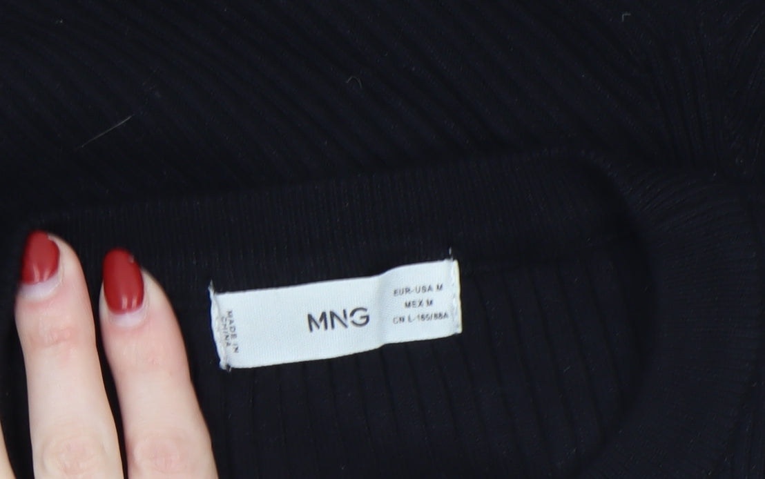 MNG Women Black Slim Fit Ribbed Knit Long Sleeve Pullover Jumper Size 12