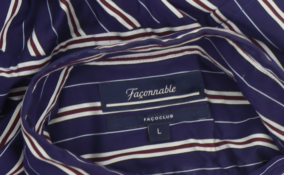 Façonnable Men's Blue Striped Long Sleeve Cotton Dress Shirt L