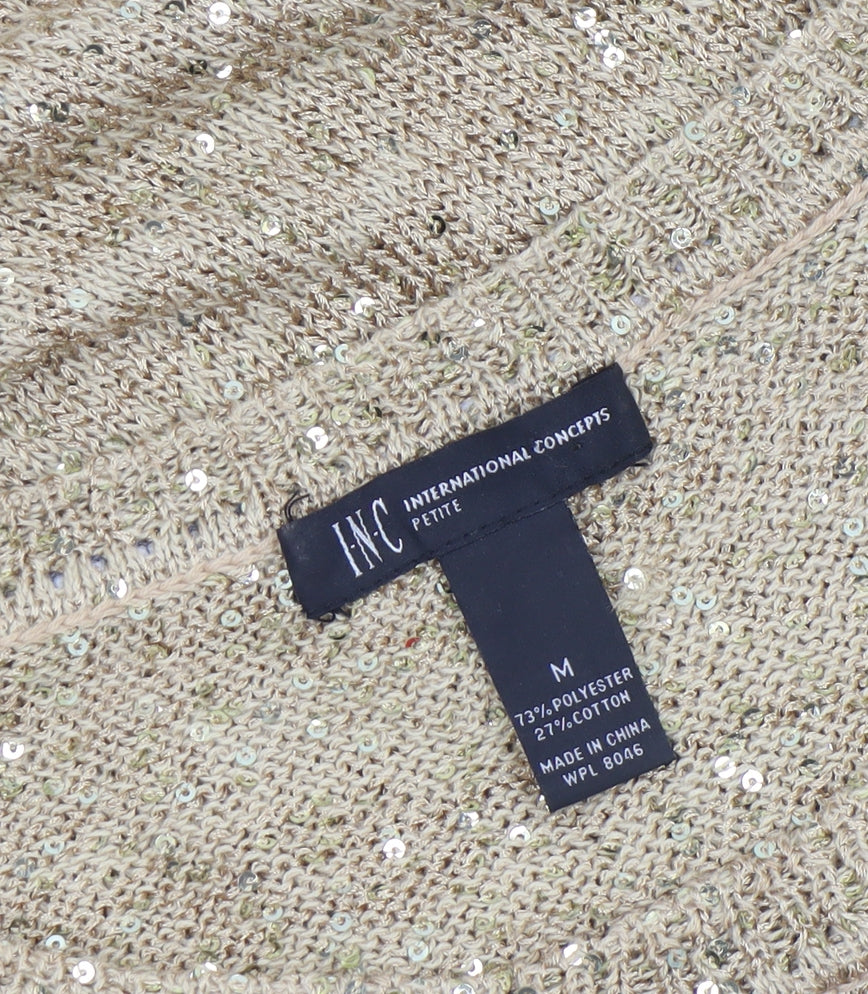 INC International Concepts Beige Sequin Knit Petite M Women's Short Sleeve Jumper