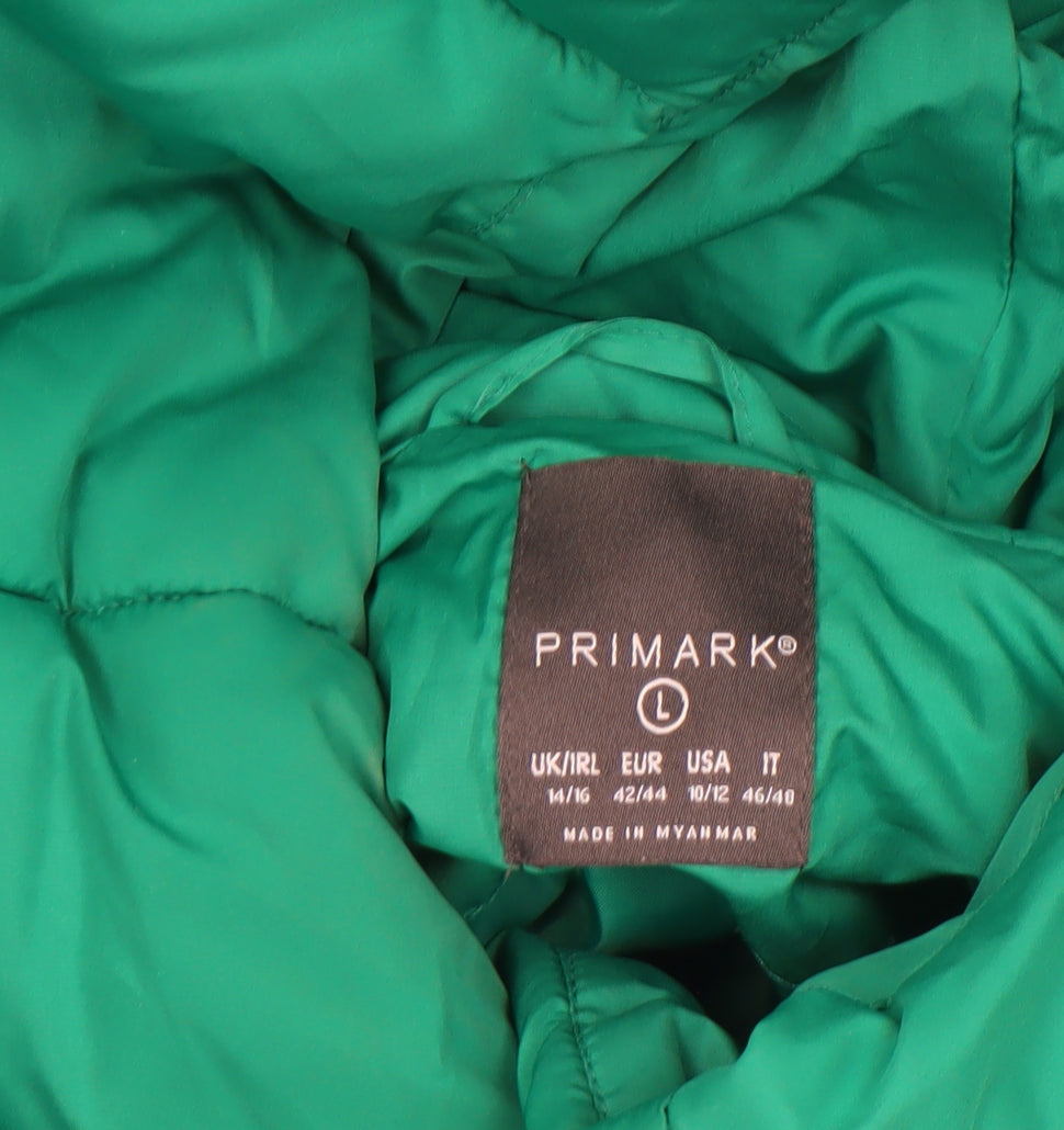 Primark Women Green L Puffer Jacket Hooded Mid-Length Winter Coat